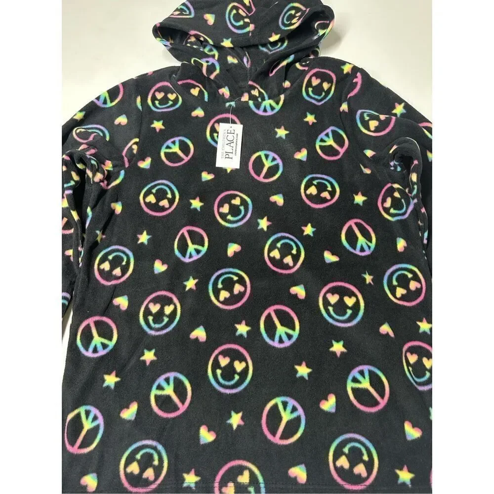 NWT The Children’s Place Girls Print Fleece Hoodie Black Size L (10-12)